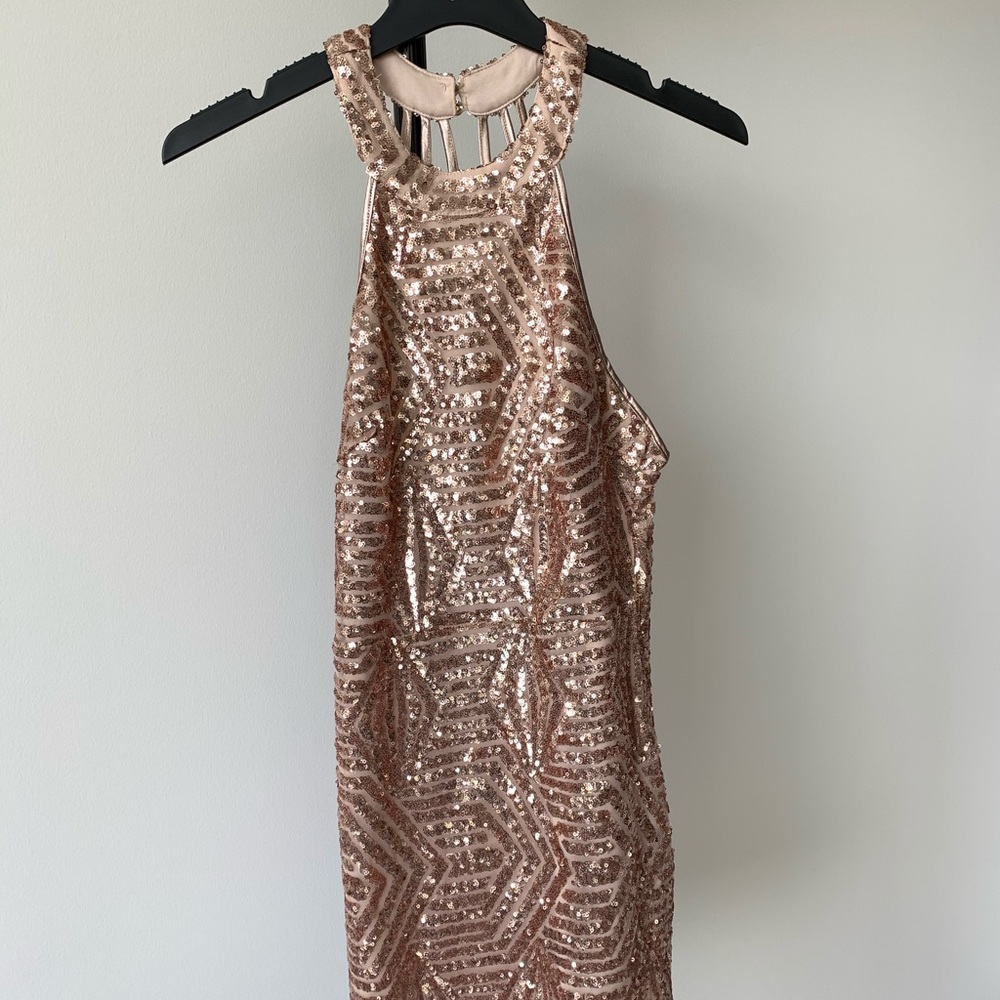 Akira Rose Gold Sequin Halter Mini Dress
